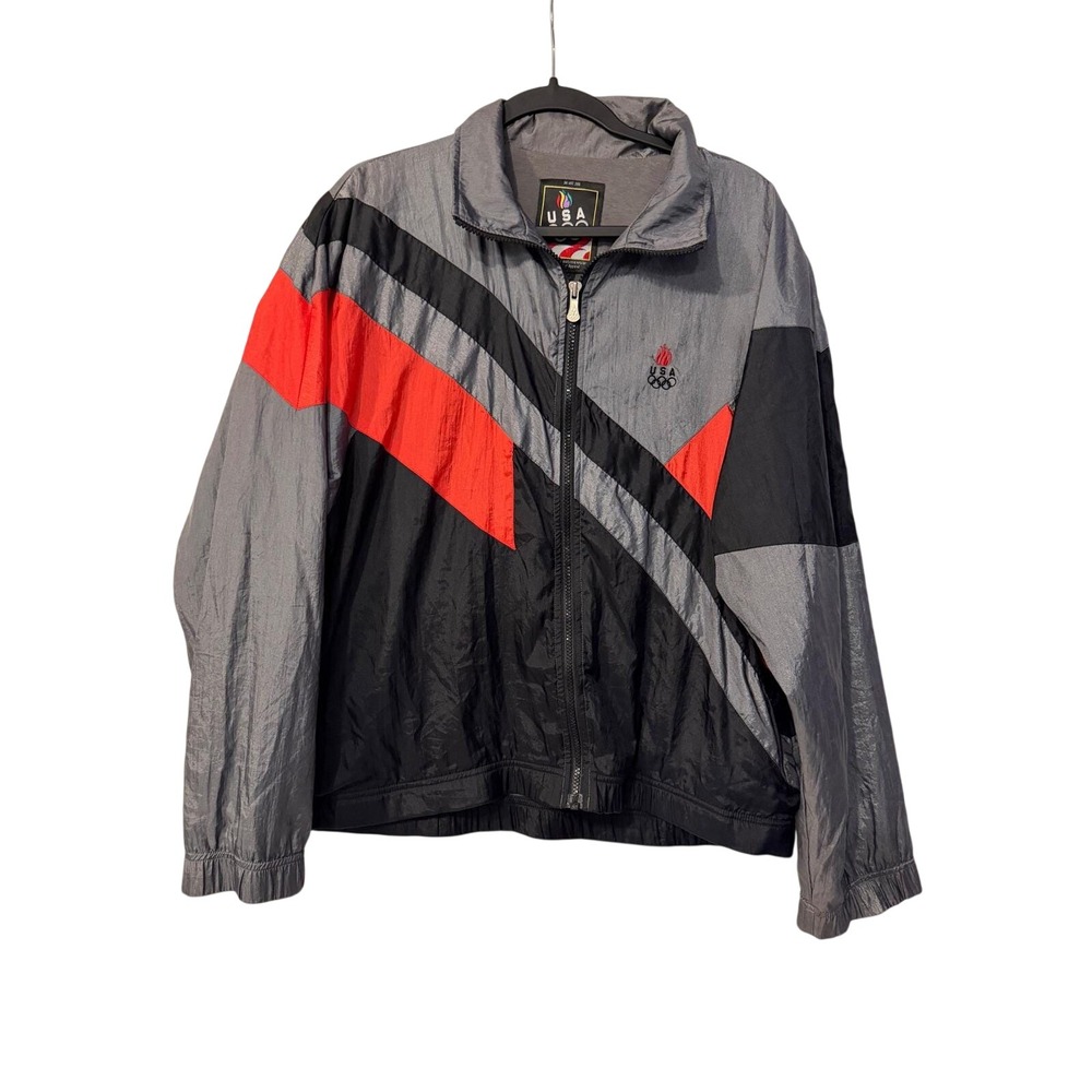 Vintage USA Olympic JCPenney Windbreaker Jacket Mens Medium Grey Red Colorblock